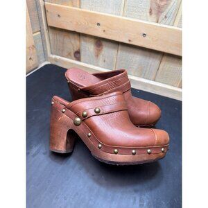 UGG Jolene Brown Leather Studded High-Heel Clogs Size 6 Slip On